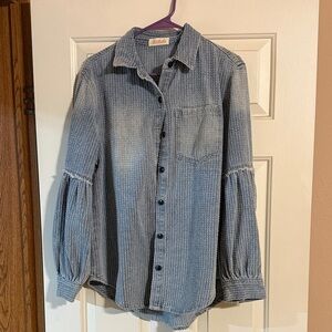 Blue Button-Up Shirt with Puff Sleeves
